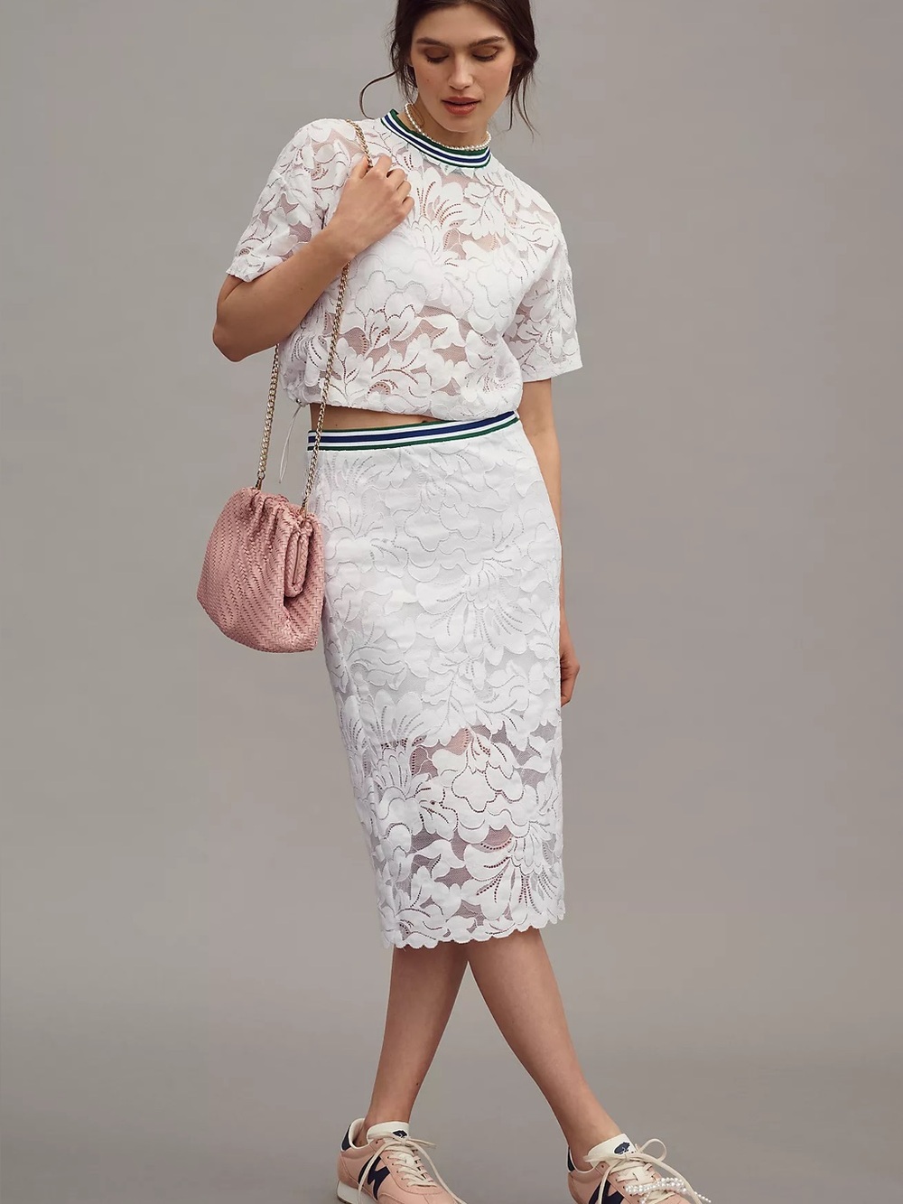 Maeve Anthropologie White Lace Pencil Skirt with top set Sports-Inspired tennis